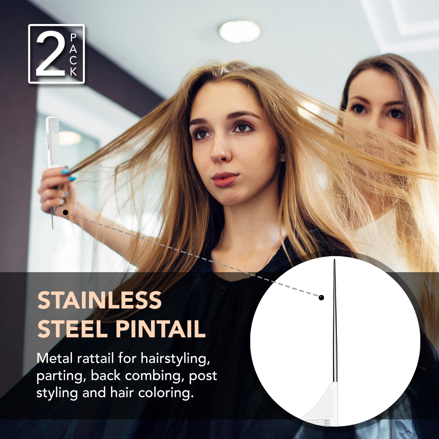 8.8" Metal Tail Comb | White, 2-Pack | Carbon Fiber