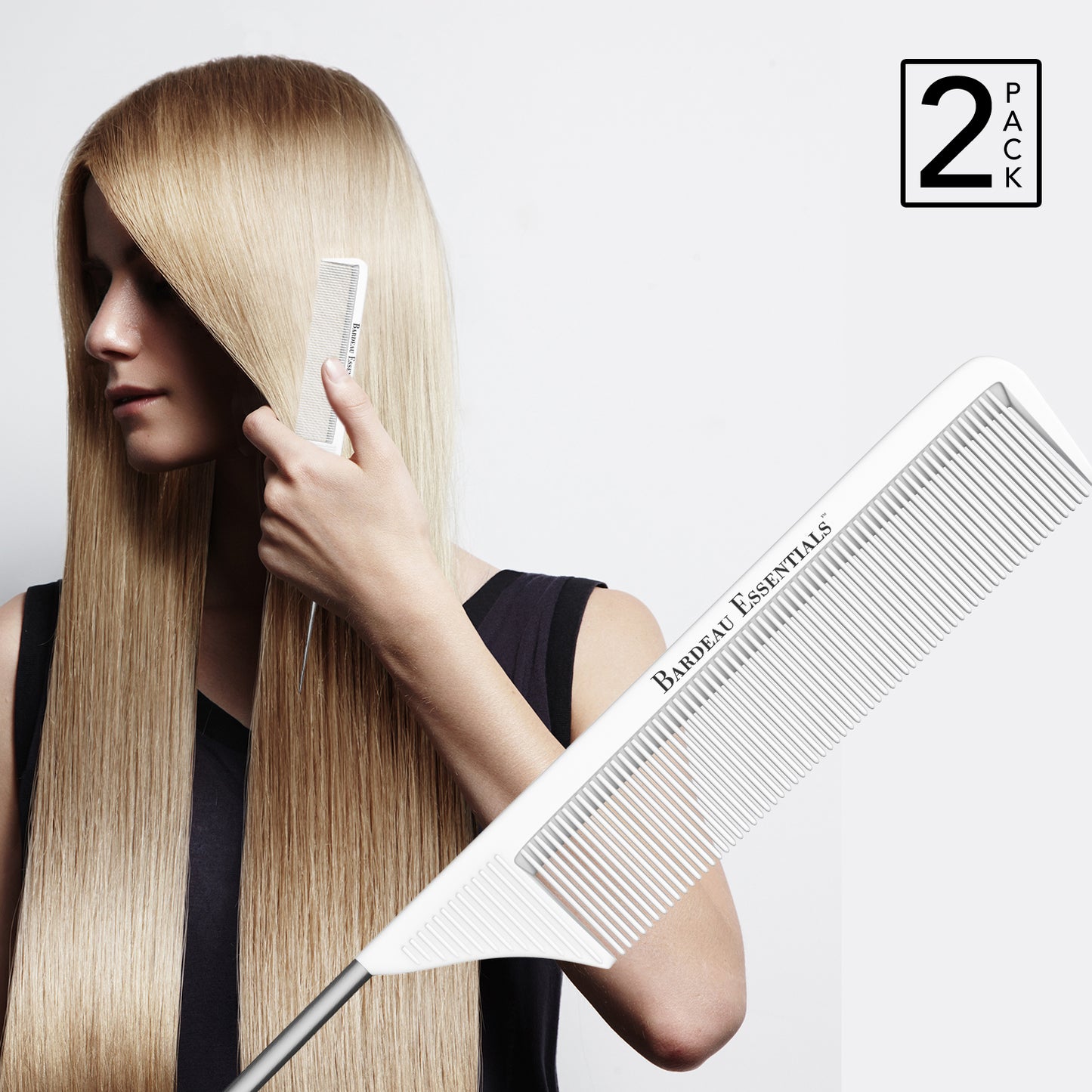 8.8" Metal Tail Comb | White, 2-Pack | Carbon Fiber